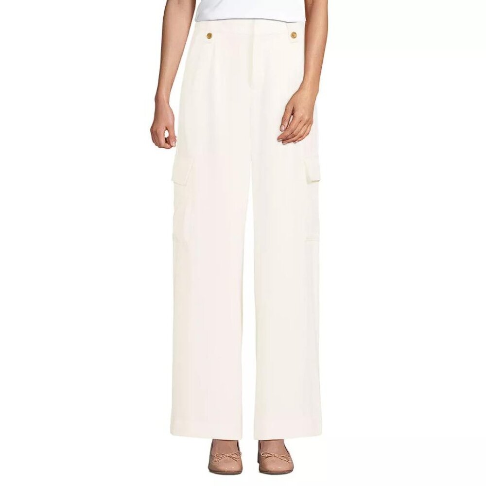 LANDS' END Women's Soft Polish Cargo High Rise Wide Leg Pants Size 8 In ivory
